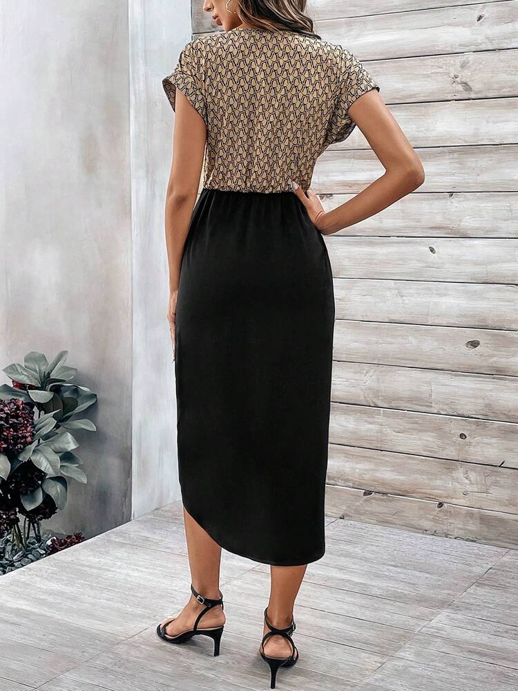 Printed Patchwork Wrap Tie Front Dress