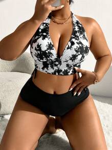 Swim Lushoire Summer Beach Plus Size Tie-Dye Halter Top And Solid Color Bottom Bikini Set Carnival - Black and White - View 4