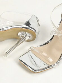 女式高跟涼鞋,銀色方跟鑲嵌水晶裝飾和後拉鍊,時尚多用途的派對和浪漫場合穿的鞋子 - 銀色 - 查看 5