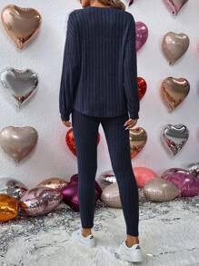 SHEIN LUNE Women's Solid Color Long Sleeve Top And Leggings Set - Navy Blue - View 6