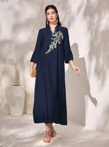 Al Najma Floral Embroidery Asymmetrical Hem Arabian Dress With Flounce Sleeves - Navy Blue - View 1