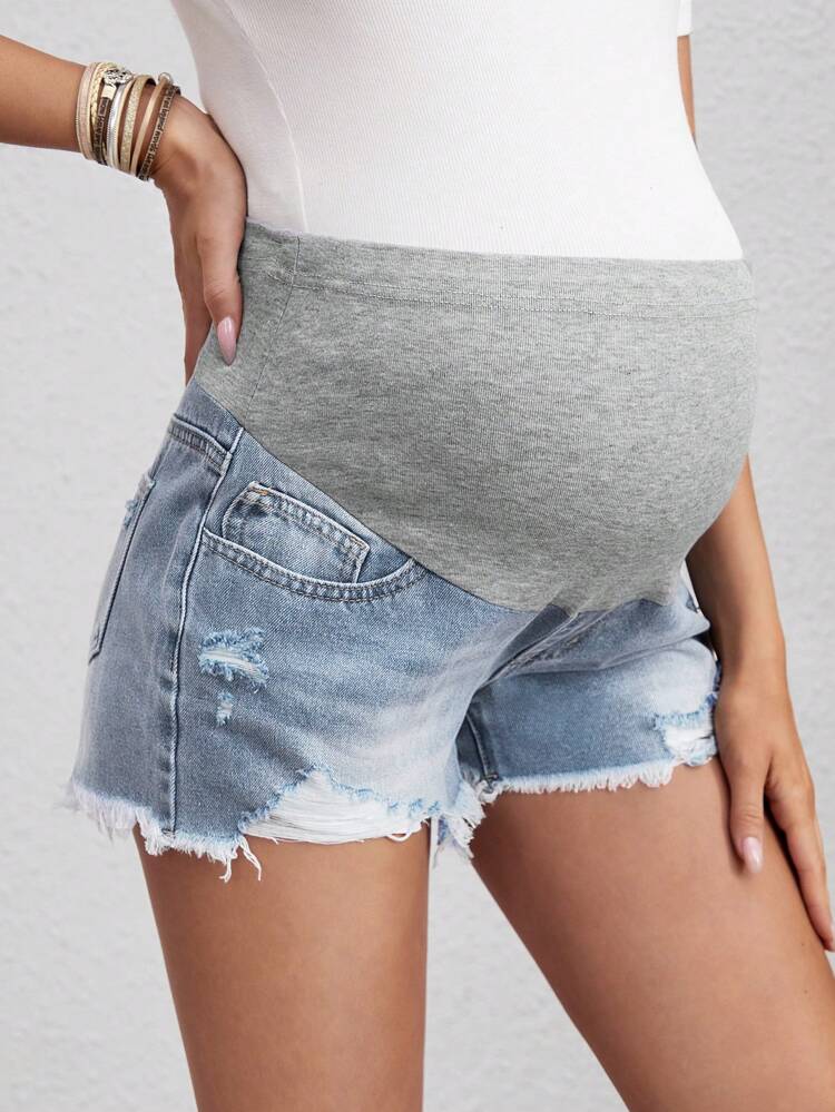 Maternity Adjustable Belly Support Destroyed Denim Shorts