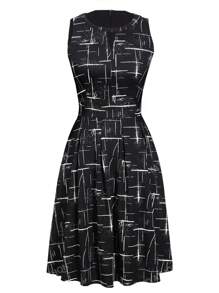 Women Full Print Keyhole Neckline Hidden Pocket Sleeveless Dress