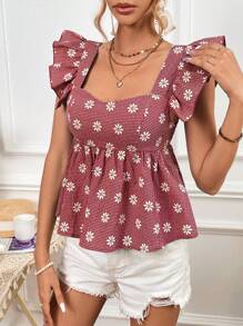 Soleia 女士小碎花雏菊印花斗篷袖衬衫 - 紅色 - 查看 3