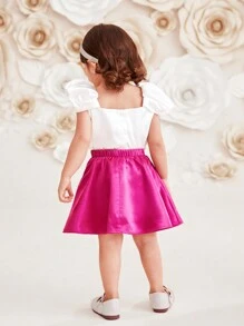 SHEIN Baby Girls' Satin Square Collar Top And Skirt Set - White - View 2