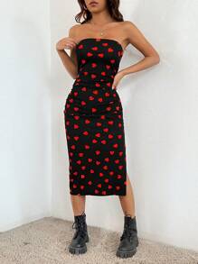 SHEIN EZwear 女士黑色胸部上帶愛心針織連衣裙,情人節服裝 - 紅色和黑色 - 查看 3