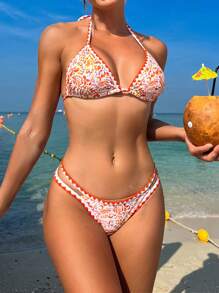 SHEIN Swim Women's Printed Colorblock Halter Bikini Set With String Summer Beach - Multicolor - View 4