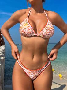 SHEIN Swim Women's Printed Colorblock Halter Bikini Set With String Summer Beach - Multicolor - View 1