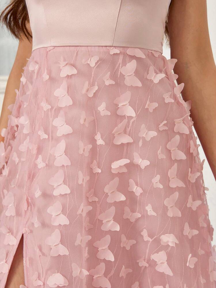 Women's Patchwork 3d Bowknot Mesh High Slit Strapless Evening Dress