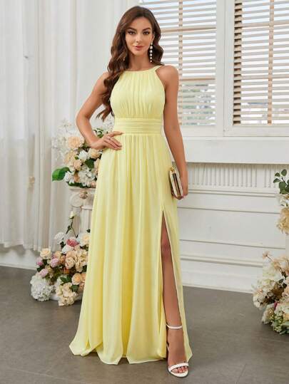 SHEIN Belle Elegant Woman, Soft Light Yellow, Flowing Chiffon, High Waist, Pleated Front Chest, Boat Neck, Wide Straps, A-Shaped Volume Umbrella Hem, Easter Holiday Season, Mother's Day, Music Festival, Back To School Season, Graduation Season, Prom Party, Date, Bridesmaid Dress, For Valentine's Day