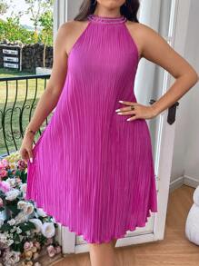 SHEIN Clasi Kích thước lớn Pha lê Nghệ Embellished Halterneck - Màu Hồng Tươi - Xem 5