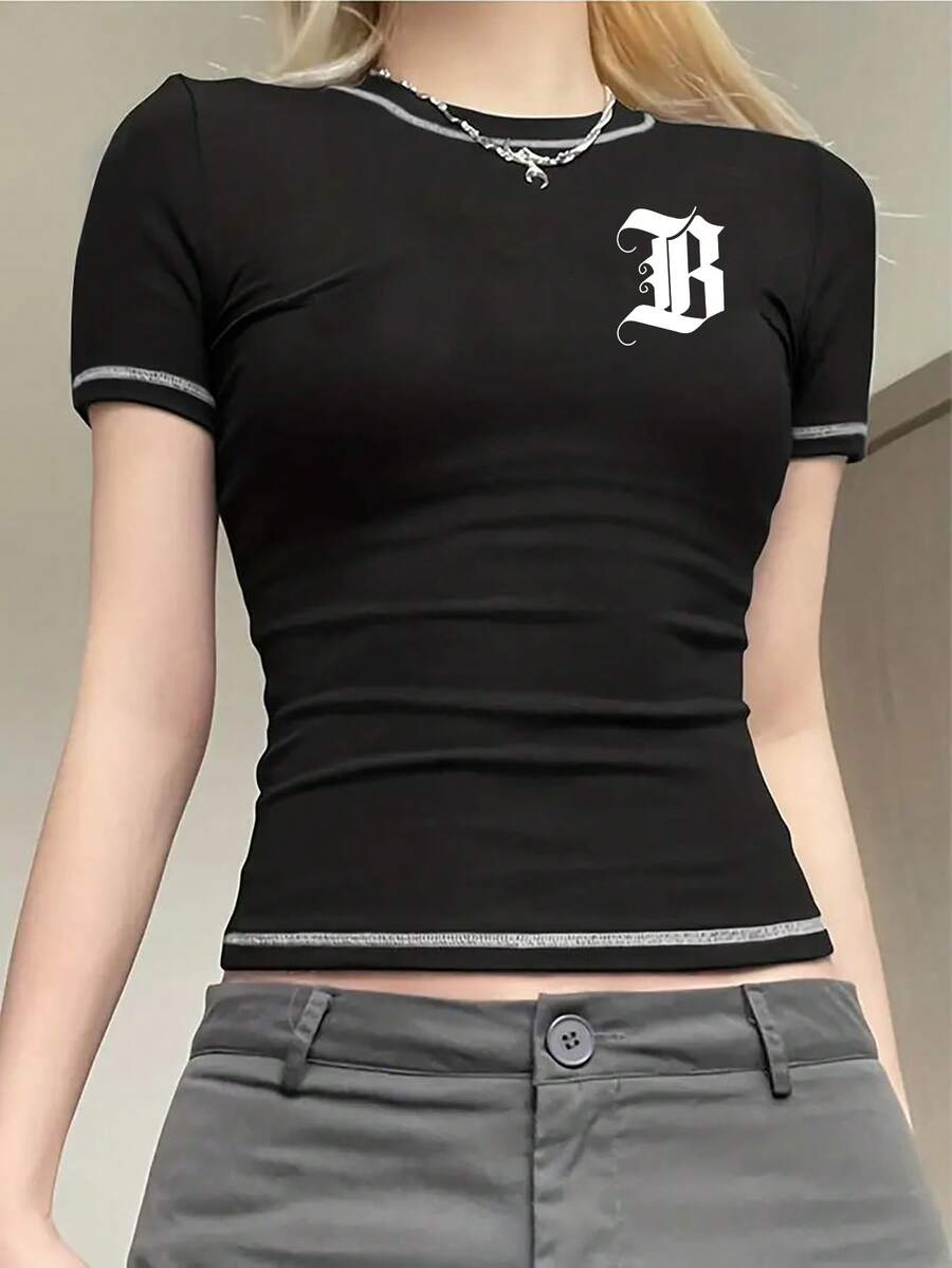 SHEIN EZwear 字母圖案短袖短版t恤 - 彩色 - 查看 1