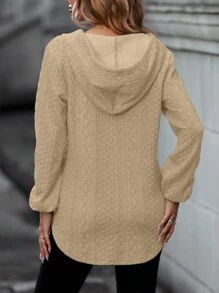 SHEIN LUNE 抽繩花卉提花長袖連帽衫 - 杏色 - 查看 2