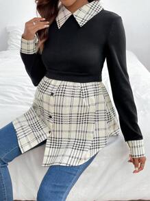 SHEIN Thai sản Khối màu Bảng kẻ sọc Tay áo dài 2 trong 1 Áo thun - màu đen - Xem 1