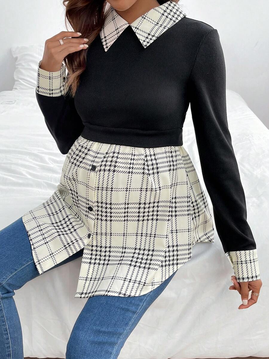 SHEIN Thai sản Khối màu Bảng kẻ sọc Tay áo dài 2 trong 1 Áo thun - màu đen - Xem 1