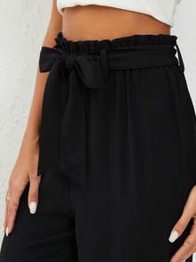 Pantaloni largi cu centură în talie cu fundă - Negru - Vizualizare 4