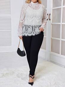 SHEIN Clasi Valentine's Day Plus Size Women's Lace Stand Collar White Top - White - View 3