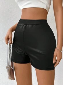 SHEIN LUNE High-Waisted Pu Leather Shorts With Elegant Style - Black - View 4
