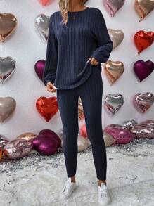 SHEIN LUNE Women's Solid Color Long Sleeve Top And Leggings Set - Navy Blue - View 1