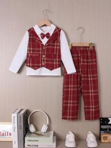SHEIN 男孩格紋圖案長袖2合1襯衫和褲子套裝 - 紅色 - 查看 1