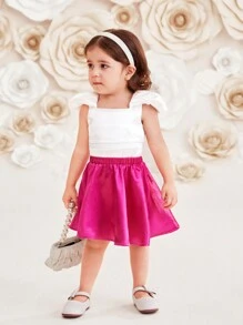 SHEIN Baby Girls' Satin Square Collar Top And Skirt Set - White - View 3