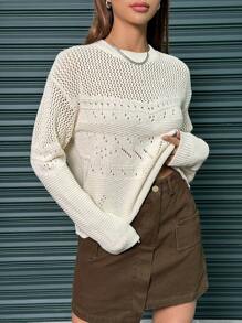 Flirla Women's Hollow Out Knitted Drop Shoulder Sweater  Fall Winter Outfit