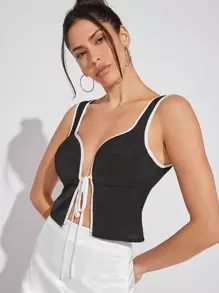 Hauture Contrast Binding Tie Front Crop Tank Top - Black and White - View 1