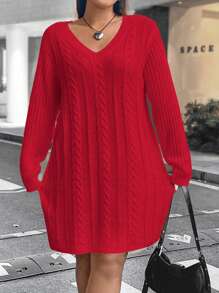 Flirla 加大尺碼v領針織毛衣連衣裙 - 紅色 - 查看 3