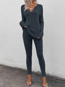 SHEIN LUNE 2pcs/Set Women Basic Black Thermal Underwear Set, Long Sleeve T-Shirt & Leggings, Winter New Arrival Matching Pajama Set