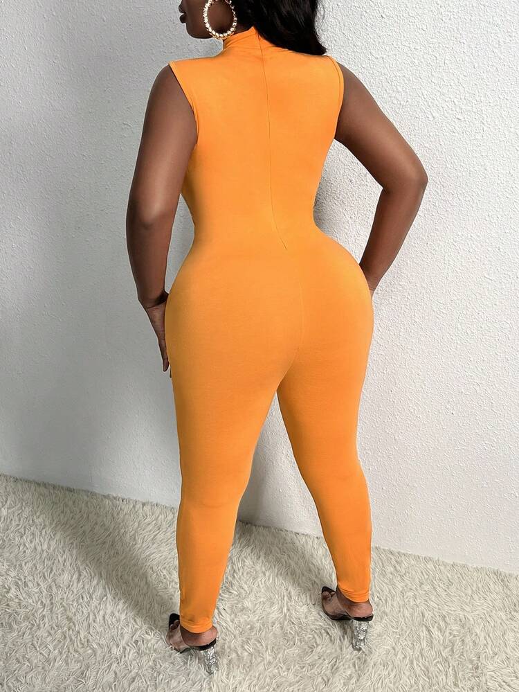 Plus Solid Mock Neck Unitard Jumpsuit