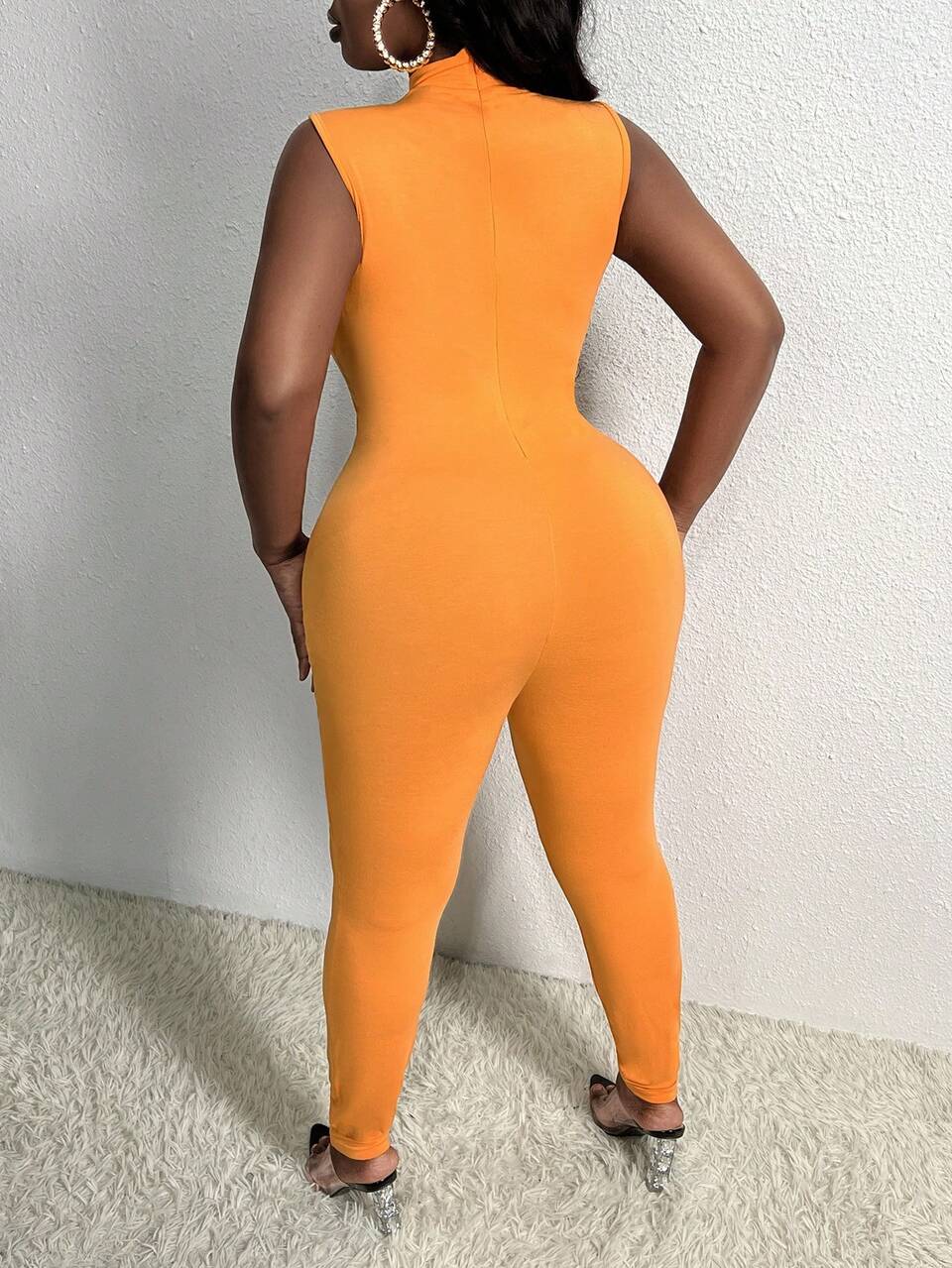 Plus Solid Mock Neck Unitard Jumpsuit