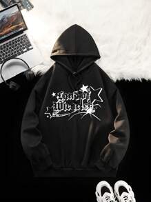 SHEIN EZwear 女款有字母和星星印花的連帽運動衫 - 黑色 - 查看 1