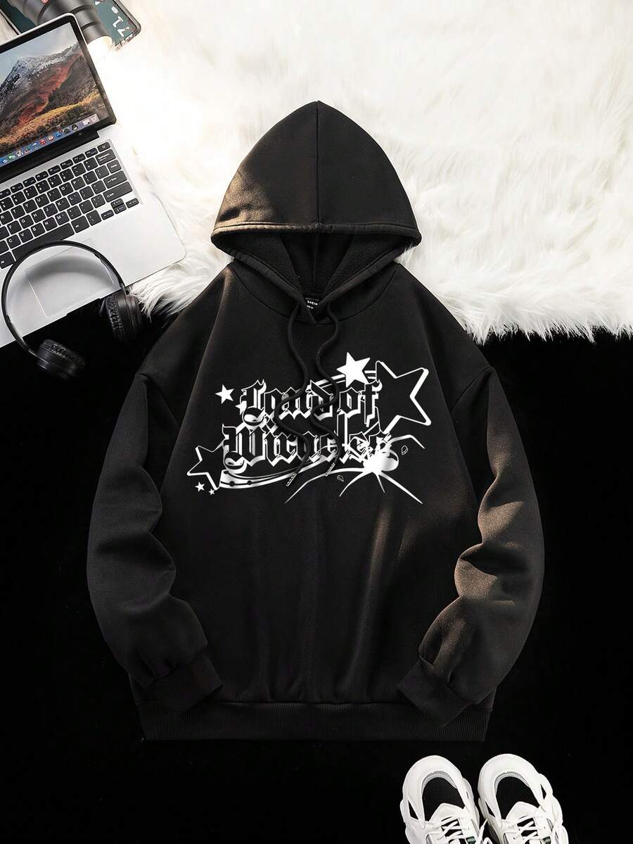 SHEIN EZwear 女款有字母和星星印花的連帽運動衫 - 黑色 - 查看 1