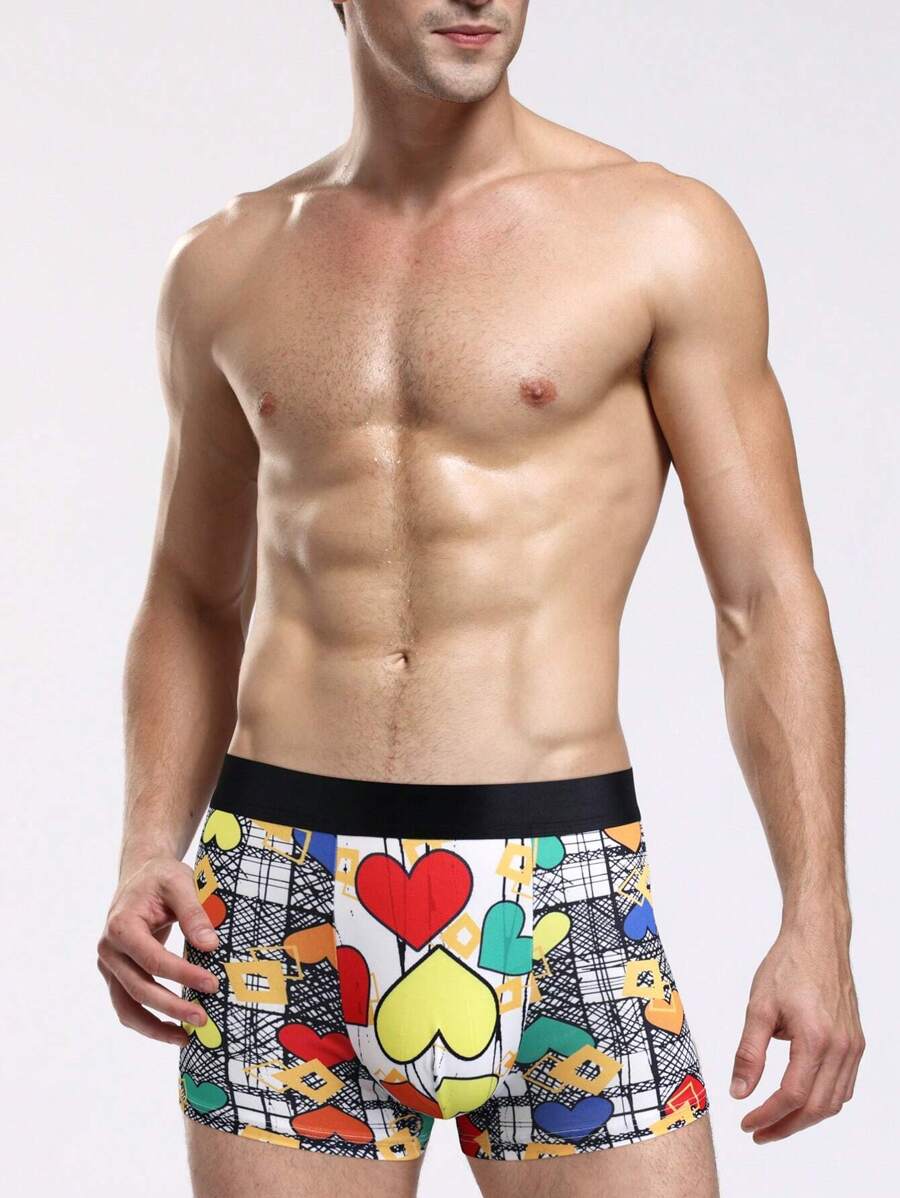 Men'S Geometric Pattern Heart Print Boxer Shorts - Multicolor - View 1