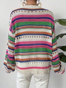 SHEIN Essnce 女士色塊條紋露空針織外套 - 彩色 - 查看 2