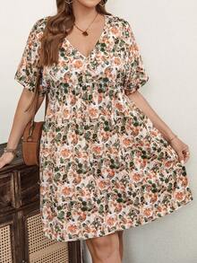 SHEIN LUNE Plus Size Floral Print Batwing Sleeve Dress - Multicolor - View 4