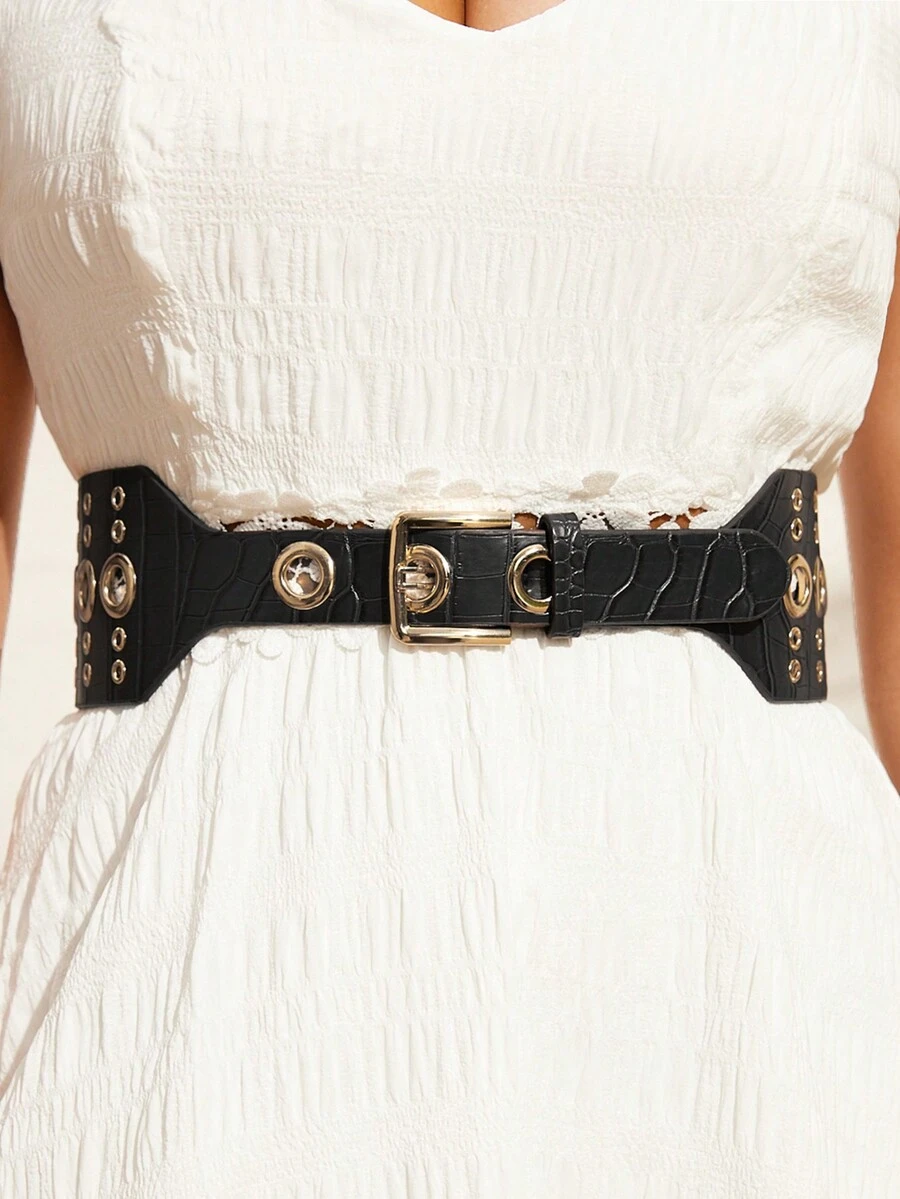 SHEIN VCAY Crocodile Pattern Air Hole Waist Belt - Coffee - View 1