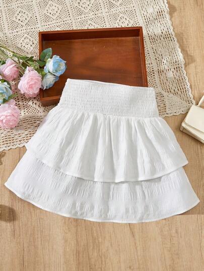 SHEIN Tween flickor med veckad midja, dubbellagers volangkjol, söt och elegant design med hög midja med veckade detaljer, mjuk och andas