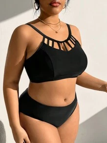 Swim Chiccia Summer Beach Plus Size Solid Color Hollow Out Swimwear Top - Black - View 4