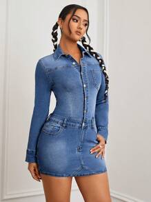 SHEIN ICON Long Sleeve Washed Denim Bodycon Dress