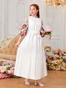 SHEIN Leap Crew Teen Girls' Off-Shoulder Puff Sleeve Woven Patchwork Floral Dress - White - View 6