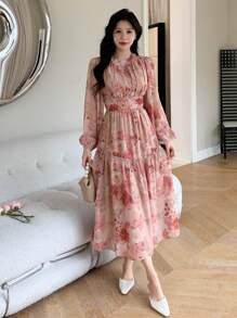 DAZY Đầm nữ in hoa, đầm hoa xếp nếp, đầm tay dài mùa thu, đầm lễ Phục sinh - Hồng - Xem 6