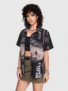 ROMWE Street Life Phong cách đường phố  Lỏng lẻo phù hợp Của phụ nữ Áo sơ mi Với Đô la Tiền Slogan Và Con số - màu đen - Xem 2