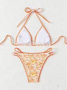 SHEIN Swim Women's Printed Colorblock Halter Bikini Set With String Summer Beach - Multicolor - View 7