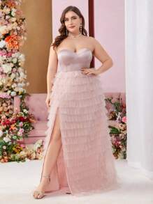 SHEIN Belle Plus Size Satin Multi-Layer Tulle High Split Strapless Evening Party Dress - Pink - View 7