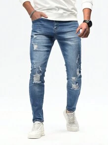 Manfinity Homme Men's Slim Fit Ripped Jeans - Medium Wash - View 5