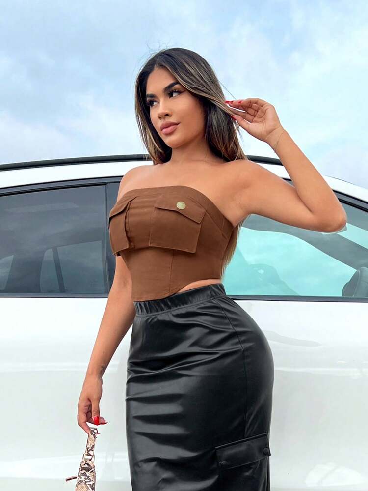Women's Strapless Streetwear Crop Top With Pockets And Utility Details