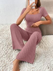 SHEIN Frenchy Conjunto de dos piezas con top corto y pantalones largos para mujer