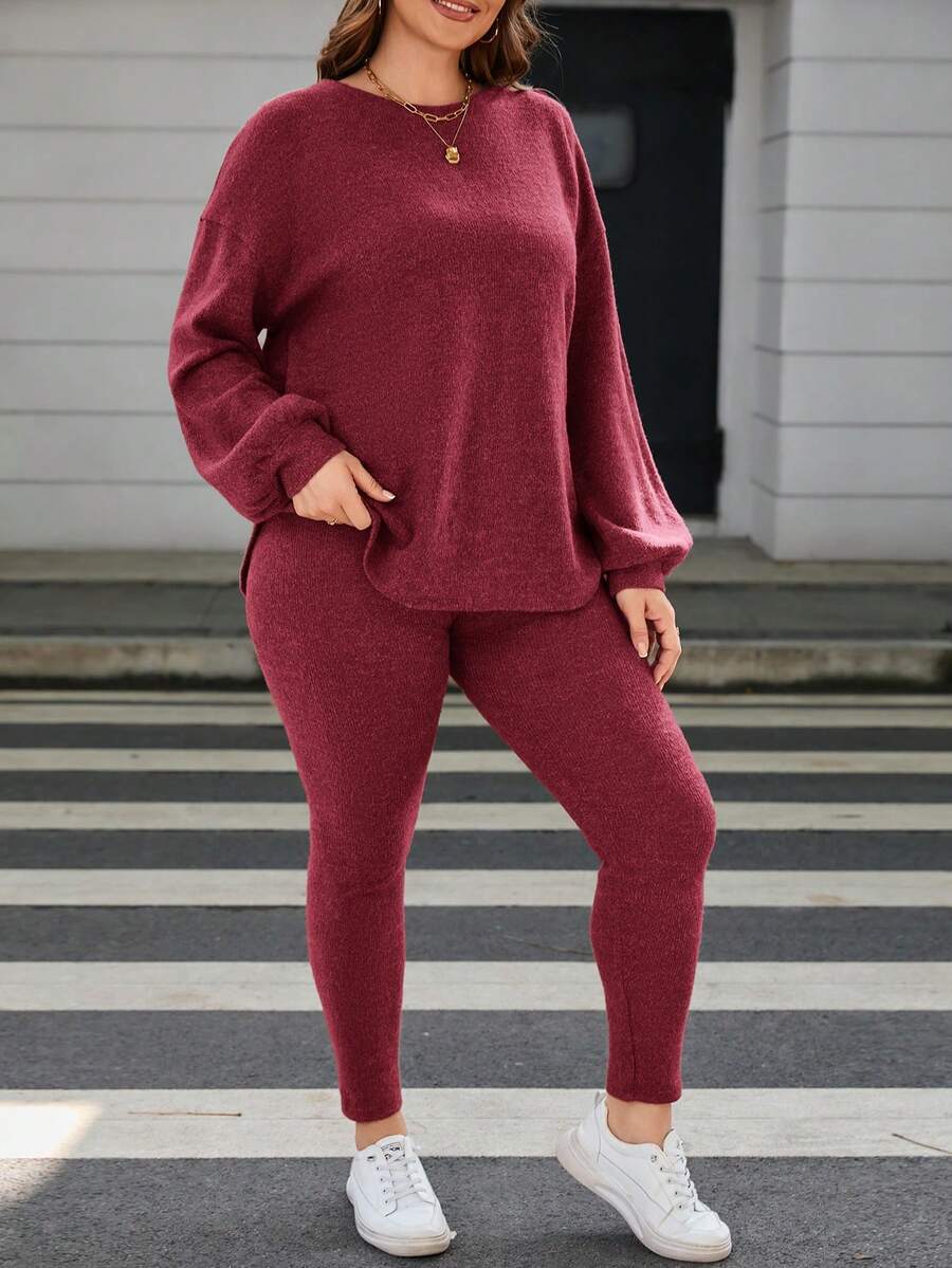 SHEIN LUNE Kích thước lớn Của phụ nữ Vòng cổ Thả vai Tay áo dài Áo Và Quần 2 cái/bộ - Đỏ - Xem 1