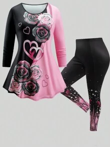 EMERY ROSE 2 件大码针织高腰 A 字喇叭裤粉色爱心和玫瑰印花套装：紧身打底裤，情人节